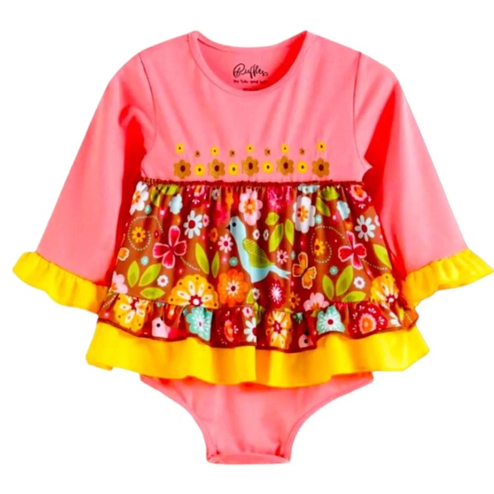 New! Ruffles by Lulu and Tutu Pink & Orange Floral Skirted Bodysuit 18-24 months
